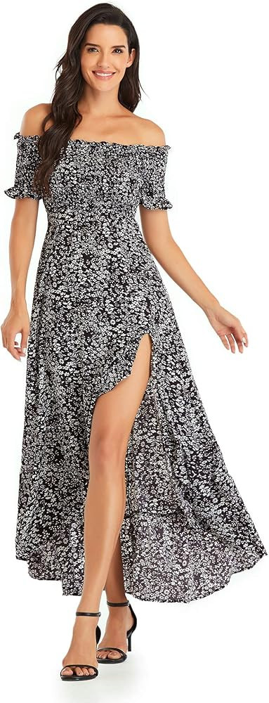 Womens Off Shoulder Floral Dress High Low Hem Split Party Maxi Dress | Amazon (US)