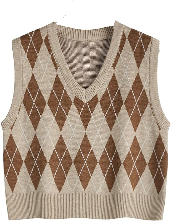 Women Argyle Sweater Vest Y2K Plaid Knitted Streetwear Preppy Style V Neck Crop Knitwear Tank Top | Amazon (US)