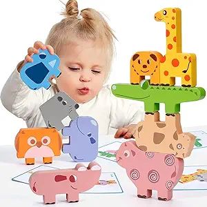 Montessori Toys for 2 3 4 Year Old, 10pcs Wooden Animal Blocks Sorting & Stacking Toys for 2-4 Ye... | Amazon (US)