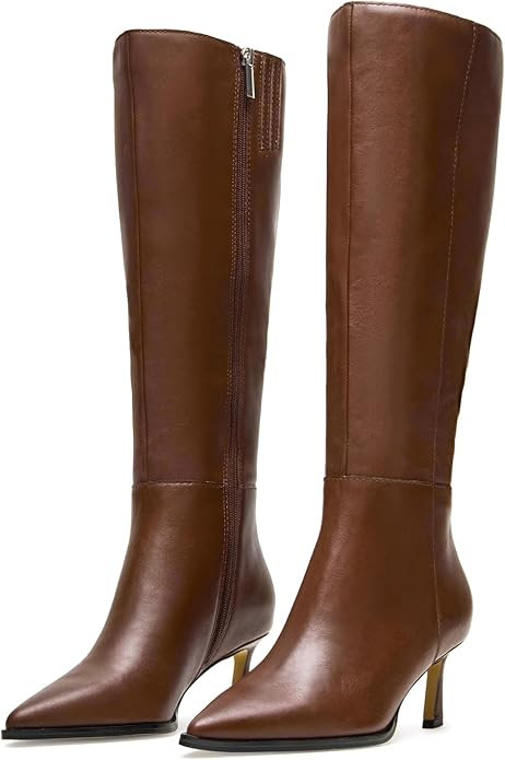 Kitten Heel Knee High Boots Women-Pointed Toe Faux Leather Stiletto Side Zipper Long Tall Dress B... | Amazon (US)