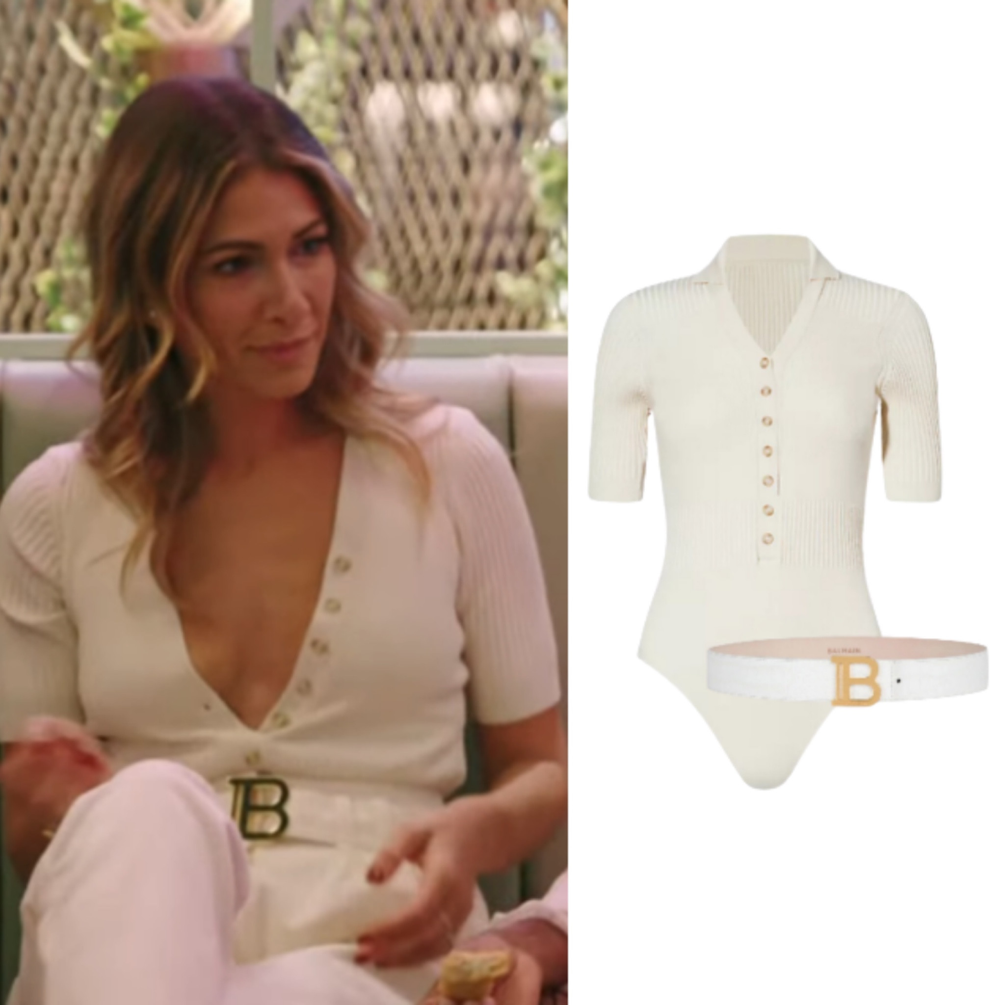 Erin Lichy’s Ivory Button Down Henley Top / Bodysuit and “B” Logo Belt