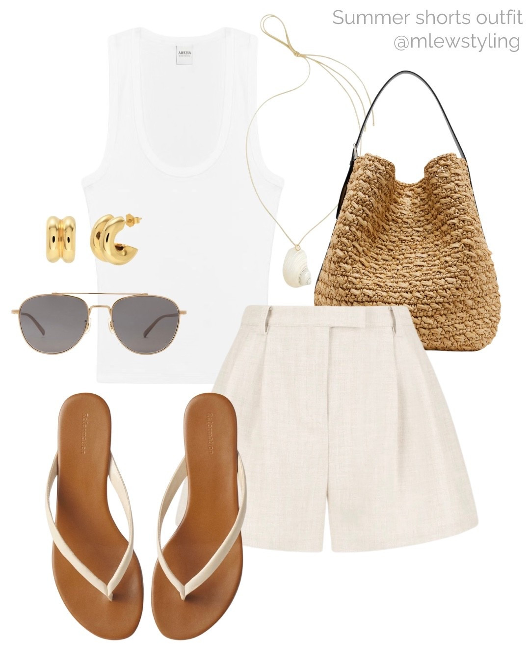 Summer outfit with pleated tailored shorts 🤍☁️

Tags: neutral aesthetic, late spring outfit, white tank top, dissh shorts, reformation flip flop sandals, aviator sunglasses, gold hoop earrings, shell pendant necklace, raffia bag, travel outfit

#LTKsummer #LTKtravel #LTKstyletip
