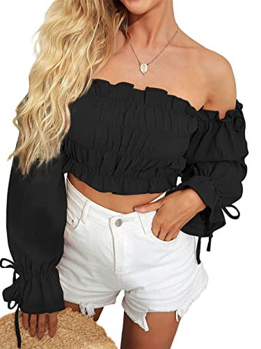 LYANER Women's Off The Shoulder Ruffle Trim Drawsting Puff Long Sleeve Tube Crop Blouse Shirt Top Black X-Small | Amazon (US)