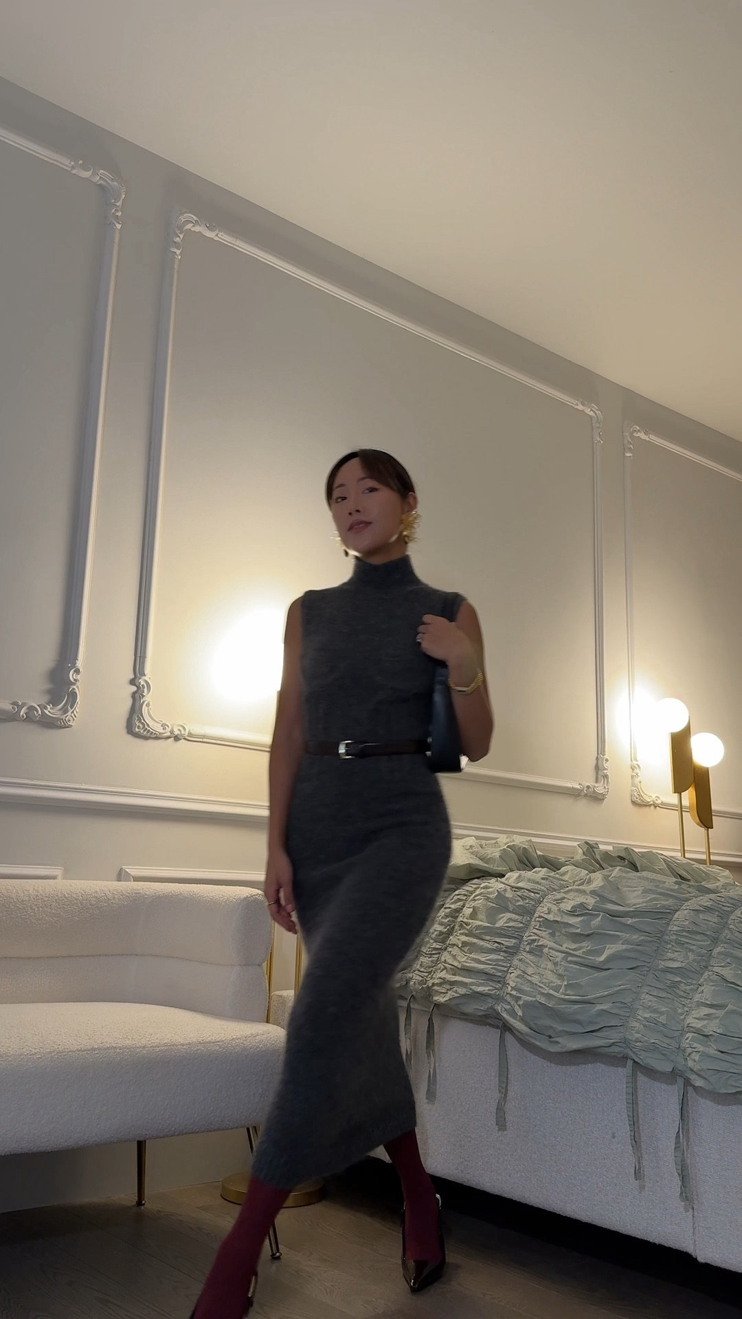 Fall & winter *home* office outfit inspo 🖤 grey knit sweater. Burgundy tights. Saint Laurent maroon heels. YSL bag. Chunky gold earrings. #LTKfashion