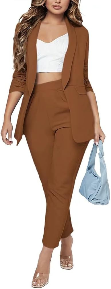 Women Sexy 2 Piece Outfits Shawl Neck Open Front 3/4 Sleeve Blazer Pants Set Elegant Offiec Business | Amazon (US)