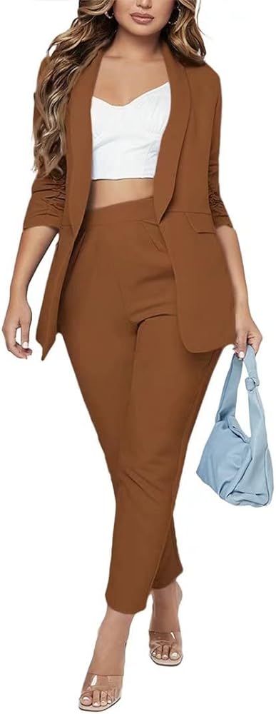 Women Sexy 2 Piece Outfits Shawl Neck Open Front 3/4 Sleeve Blazer Pants Set Elegant Offiec Business | Amazon (US)
