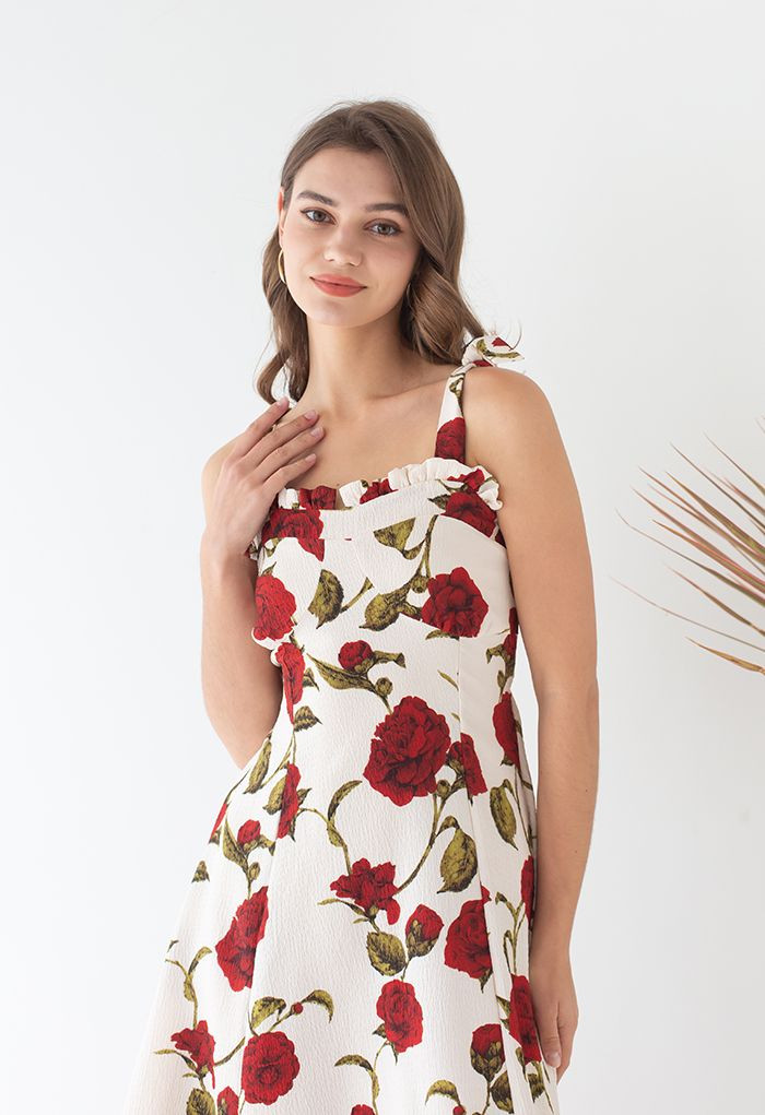 Serene Red Rose Tie-Strap Embossed Midi Dress | Chicwish