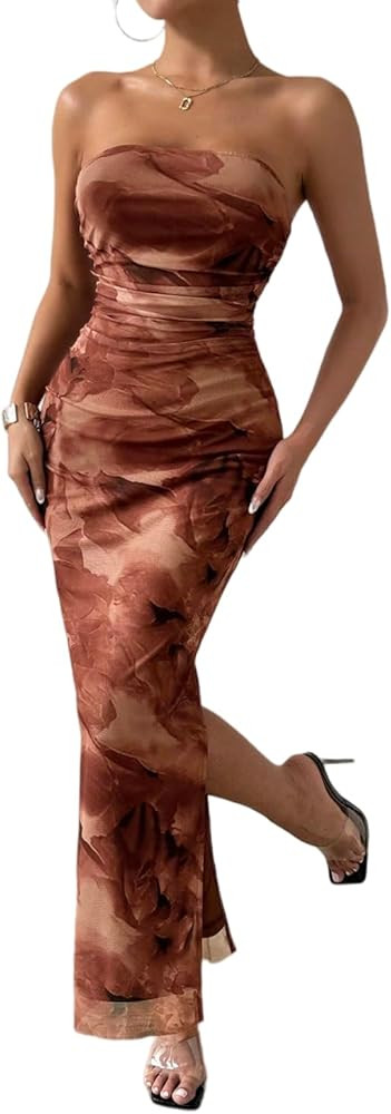 LIGHT DOT Women's Summer Dress Printed Strapless Tube Bodycon Maxi Side Slit Mesh Layered | Amazon (US)