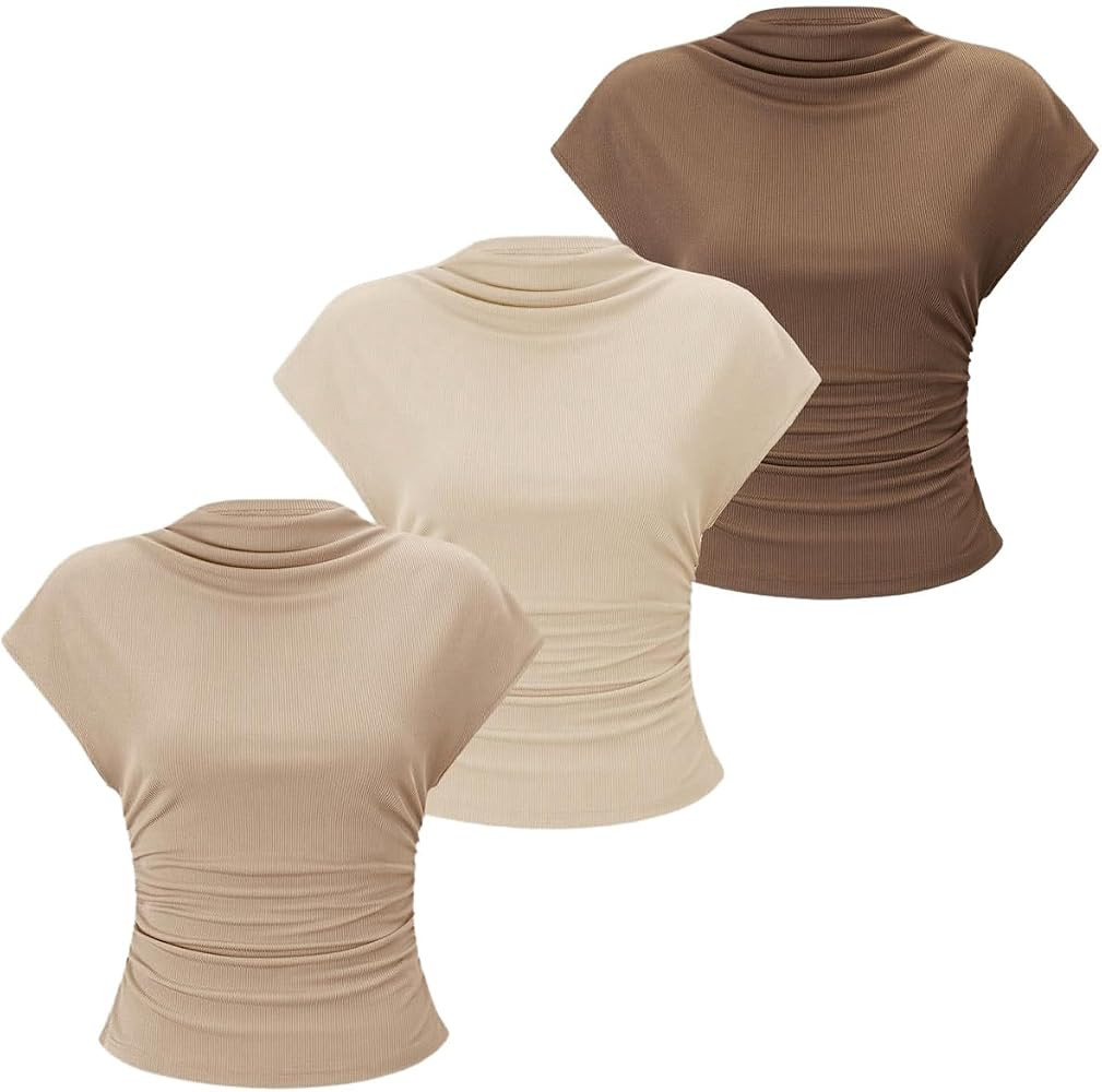 OYOANGLE Women's 3 Pack Business Casual Outfits Mock Neck Ribbed Tank Tops Work Shirts | Amazon (US)
