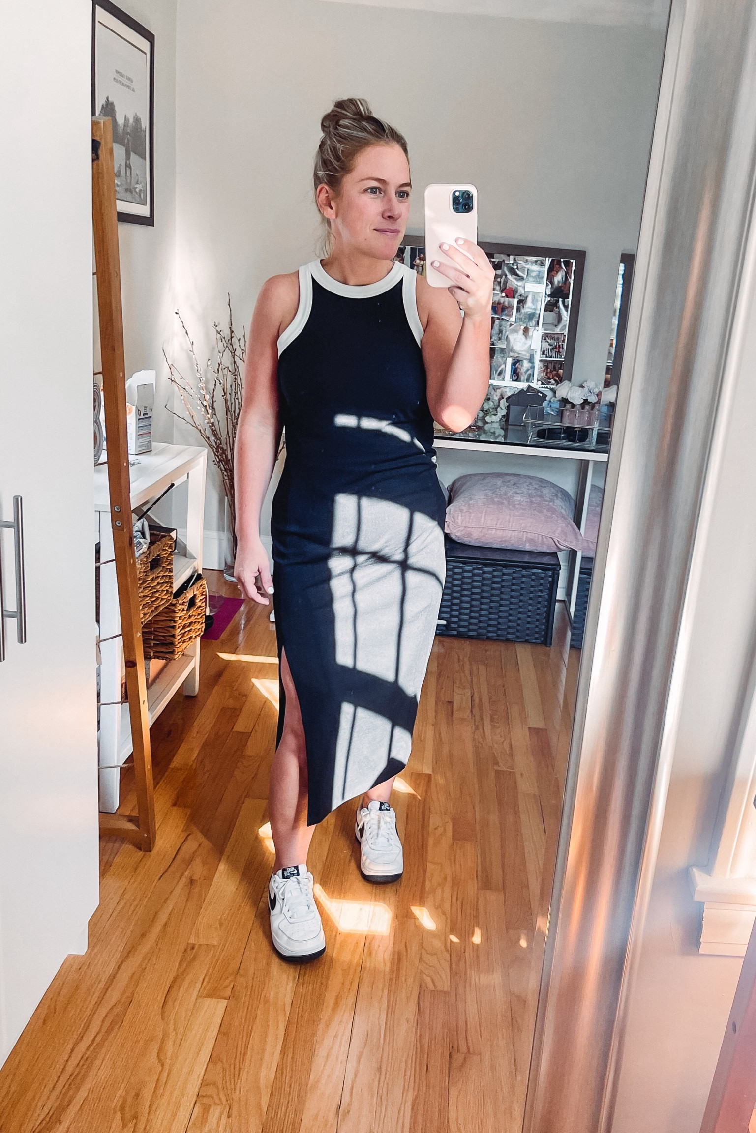 Cute halter style dress 
Black with white rib rim 
Side slit 
Dress up or down for events or work! 
Very flattering - Wearing S 
Pair with black and white dunks or sambas 

#LTKparties #LTKworkwear #LTKsalealert