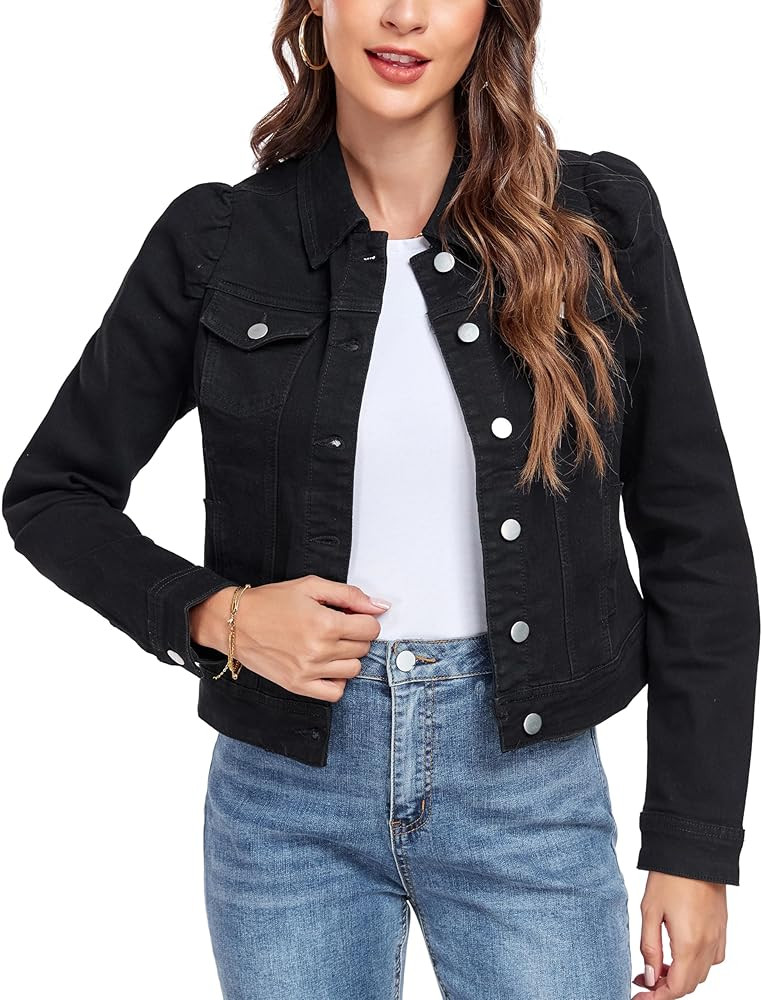 Anienaya Women's Jean Jacket Cropped Denim Jackets Stretchy Puff Long Sleeve Ripped with Pockets | Amazon (US)