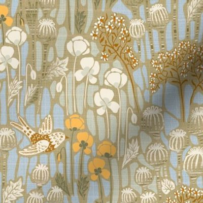 medium - Poppy field with birds in neutral colors - medium scale / large scale in wallpaper | Spoonflower