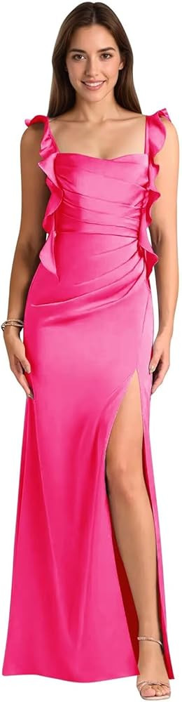 Satin Ruffle Bridesmaid Dresses for Wedding Long Backless Ruffles Wedding Guest Dress with High S... | Amazon (US)
