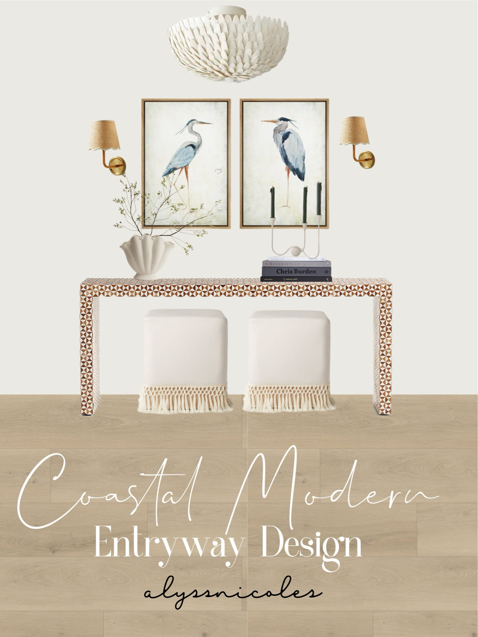 My entryway design is finally here! This space speaks to those who appreciate artisan made furniture and decor 😍 
Console table has a white and wood checkered inlay and shaped in a modern u shape. Comes in a 50 inch and 72 inch currently on major sale!

Slide two of these gorgeous tassels square ottomans under the console for a feminine coastal vibe that adds to the symmetry of the overall space.
Shell vase with eucalyptus branches add to the coastal vibe while the perfect beach book stack in beige and pale blues layered under the most gorgeous candelabra by Sarah Sherman Samuel offers an organic modern aesthetics that’s just right 🌊 

Pelican art comes in two sizes and feature the most perfect neutrals and blue tones! 

My favorite Serena and Lily lighting in raffia scallop sconces and Atwater flush mount balance out the whimsical details of this entryway 🥰

Lulu and Georgia 
Crate and barrel 
Target studio McGee
H&M home decor 
Wayfair 
Beach house
Post modern 
Eclectic home style 
Organic modern 
   

#LTKStyleTip #LTKSaleAlert #LTKHome