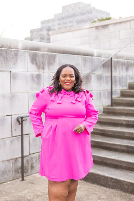 This high quality pink bow 🎀 dress from Tuckernuck is on major sale! 🤯 and available in sizes xxs-xxxl! Yes, it has pockets! Perfect for the office or galentines, Valentine’s Day! Wearing the xxl. 

#LTKstyletip #LTKsalealert #LTKMostLoved