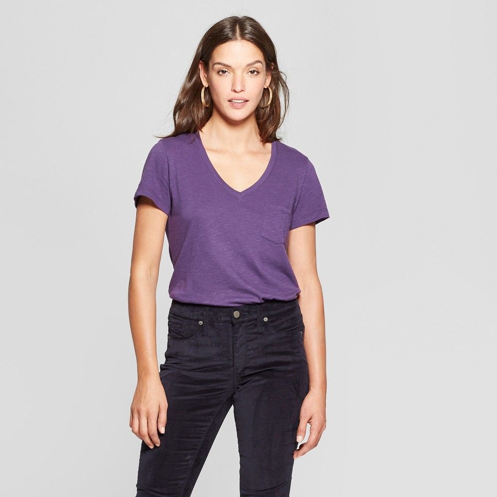 Women's Monterey Pocket V-Neck Short Sleeve T-Shirt - Universal Thread Purple XS | Target