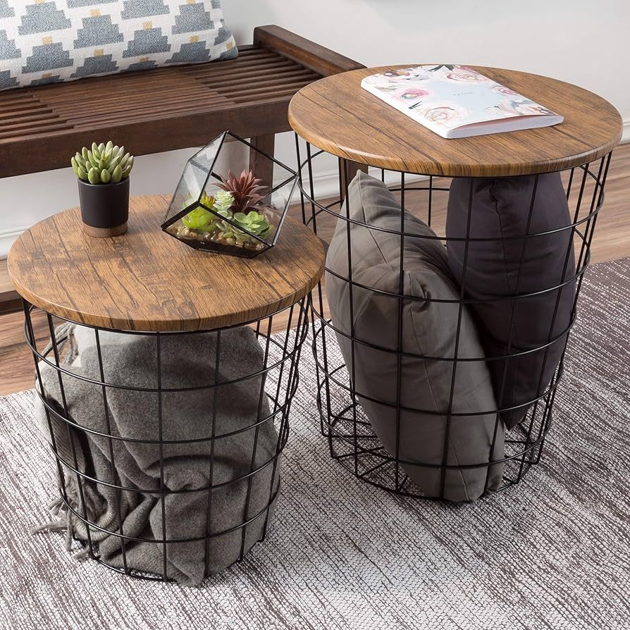 Lavish Home End Storage – Nesting Wire Basket Base and Wood Tops – Industrial Farmhouse Style... | Amazon (US)