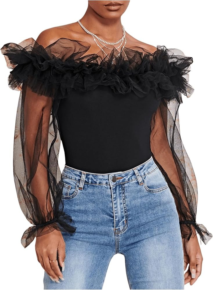 OYOANGLE Women's Ruffle Off Shoulder Blouse Mesh Puff Sleeve Party Tops Fitted Tee Shirt | Amazon (US)