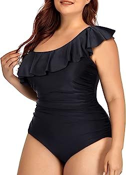 Aqua Eve Plus Size Bathing Suits for Women One Piece Swimsuits One Shoulder Ruffle Tummy Control ... | Amazon (US)