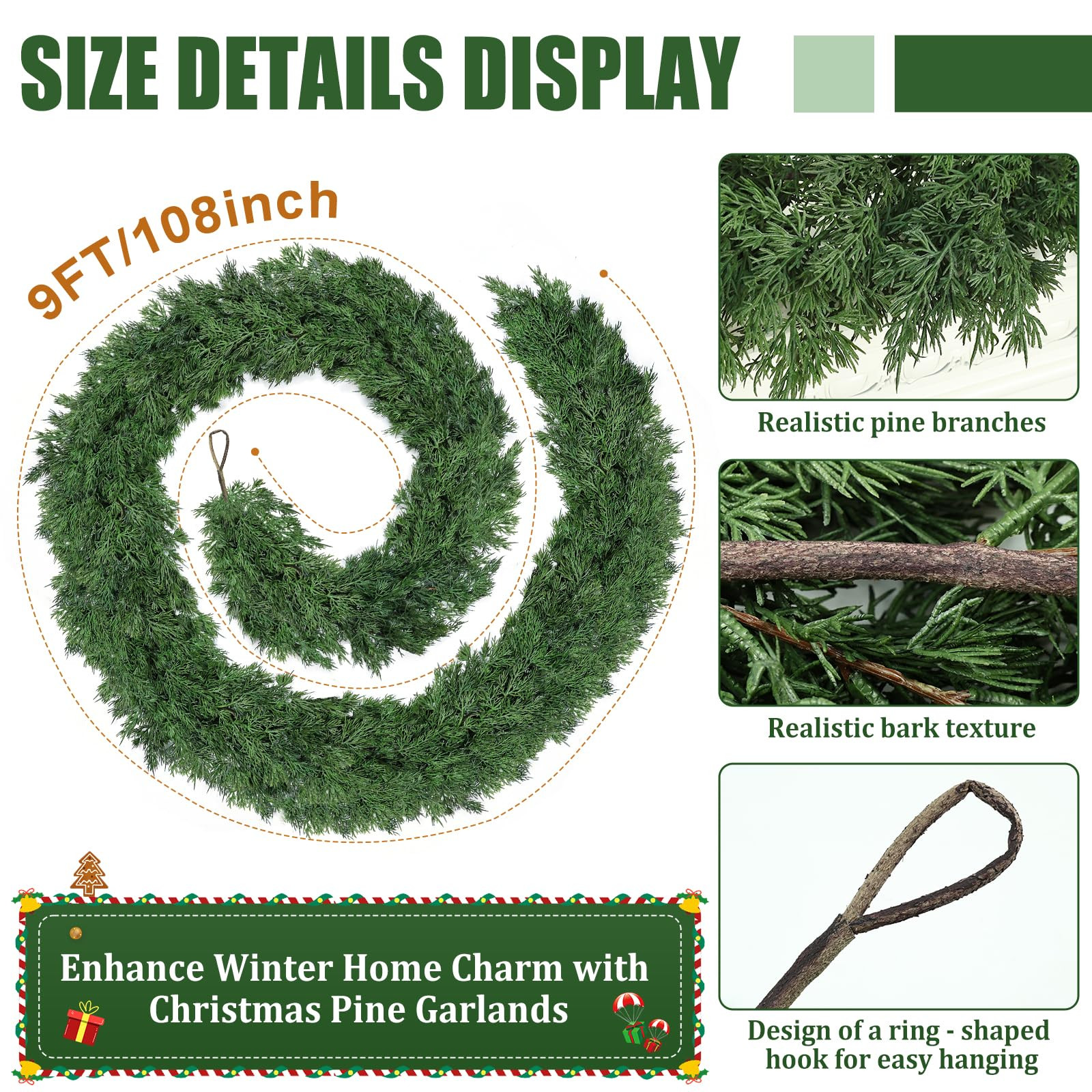 9ft Christmas Cedar Garland, Real Touch Pine Garland, Realistic Cypress Garlands Christmas Decora... | Amazon (US)
