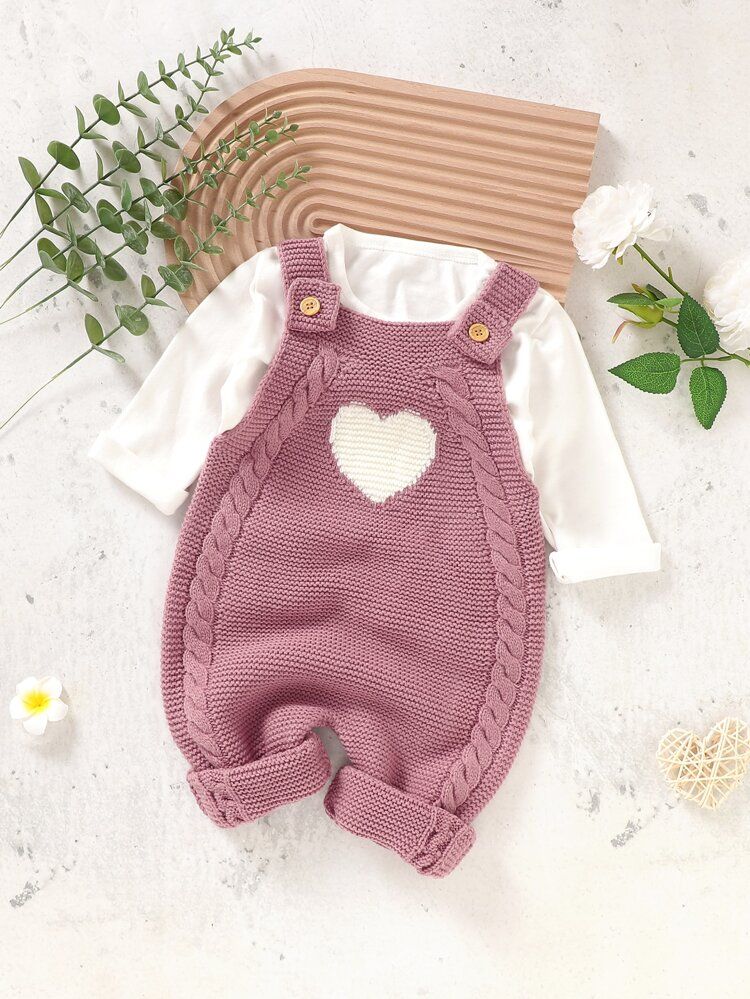 Baby 1pc Heart Pattern Cable Knit Overalls | SHEIN