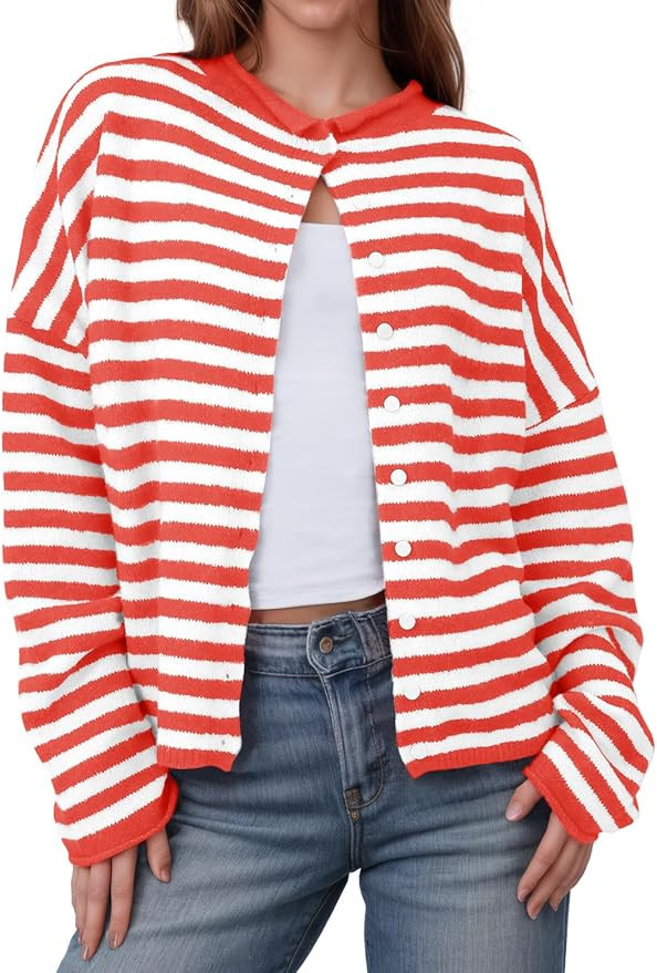 Saodimallsu Womens Striped Cardigan Casual Long Sleeve Open Front Button Down Loose Knit Lightwei... | Amazon (US)