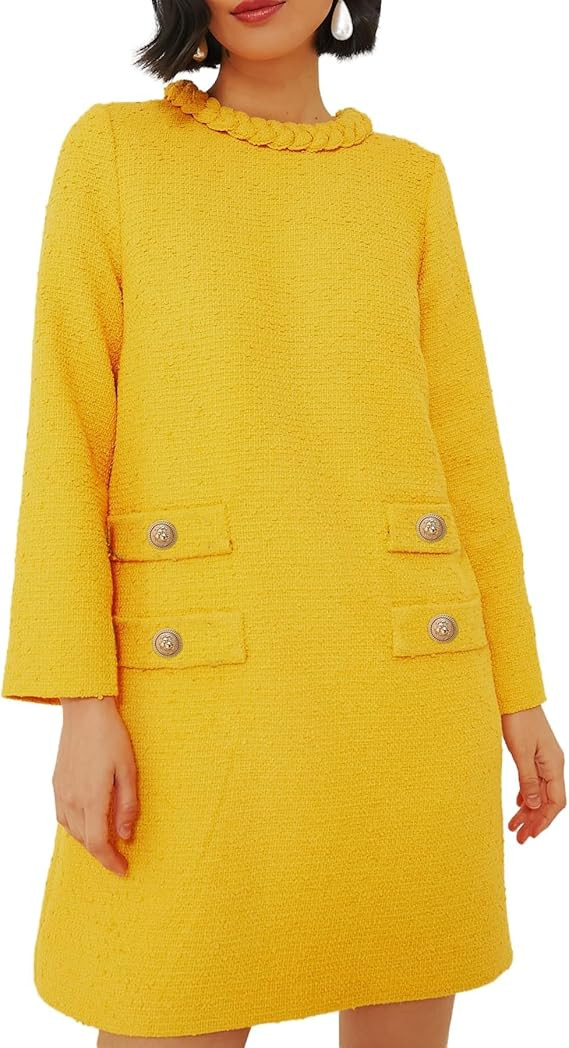 Kedera Womens Long Sleeve Tweed Dress Elegant Crew Neck A-line Party Vintage Mini Skirt Causal Dr... | Amazon (US)