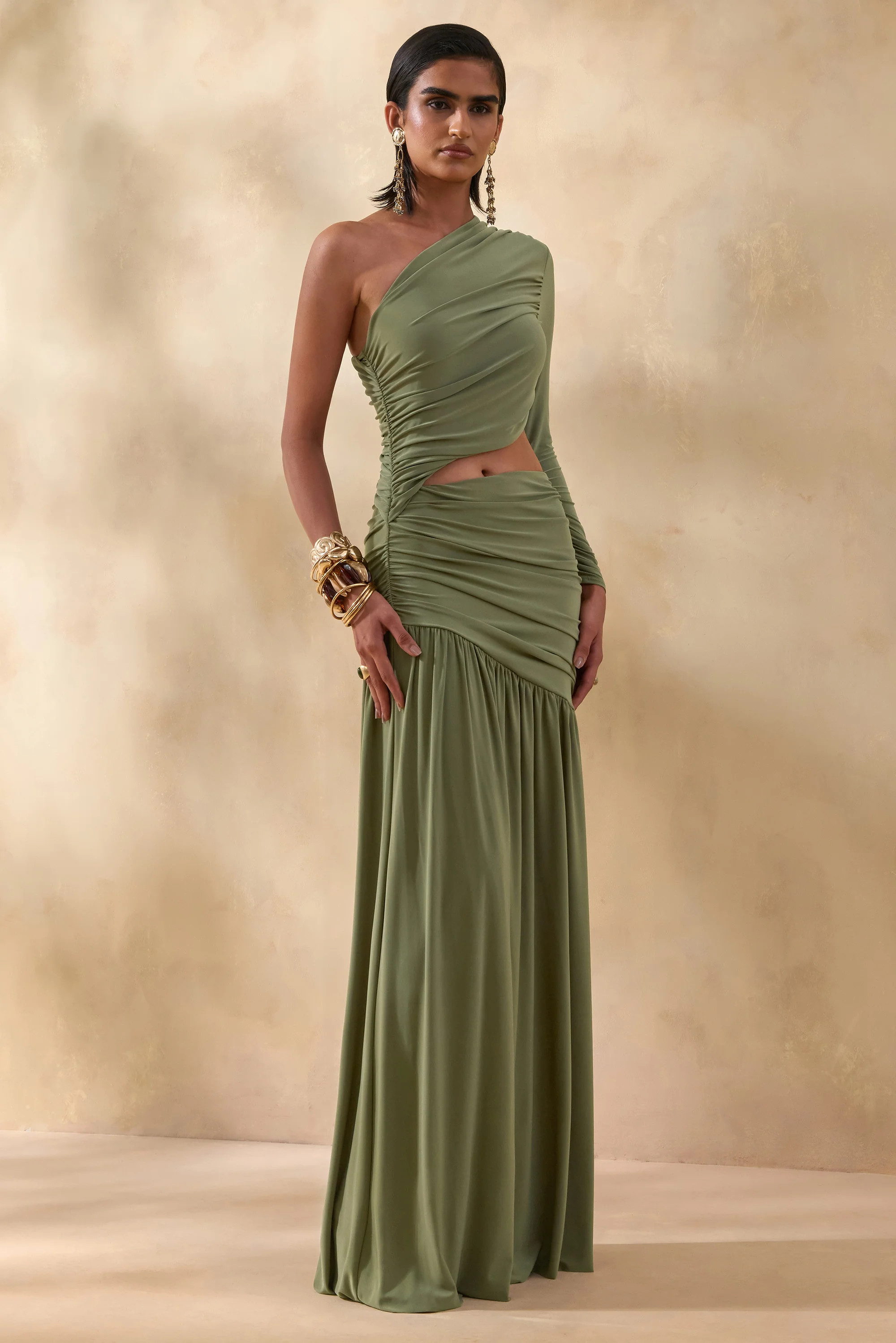 Kinsley | Olive Asymmetric-Neck Maxi Dress With Body Cut-Out Detail | Club L London
