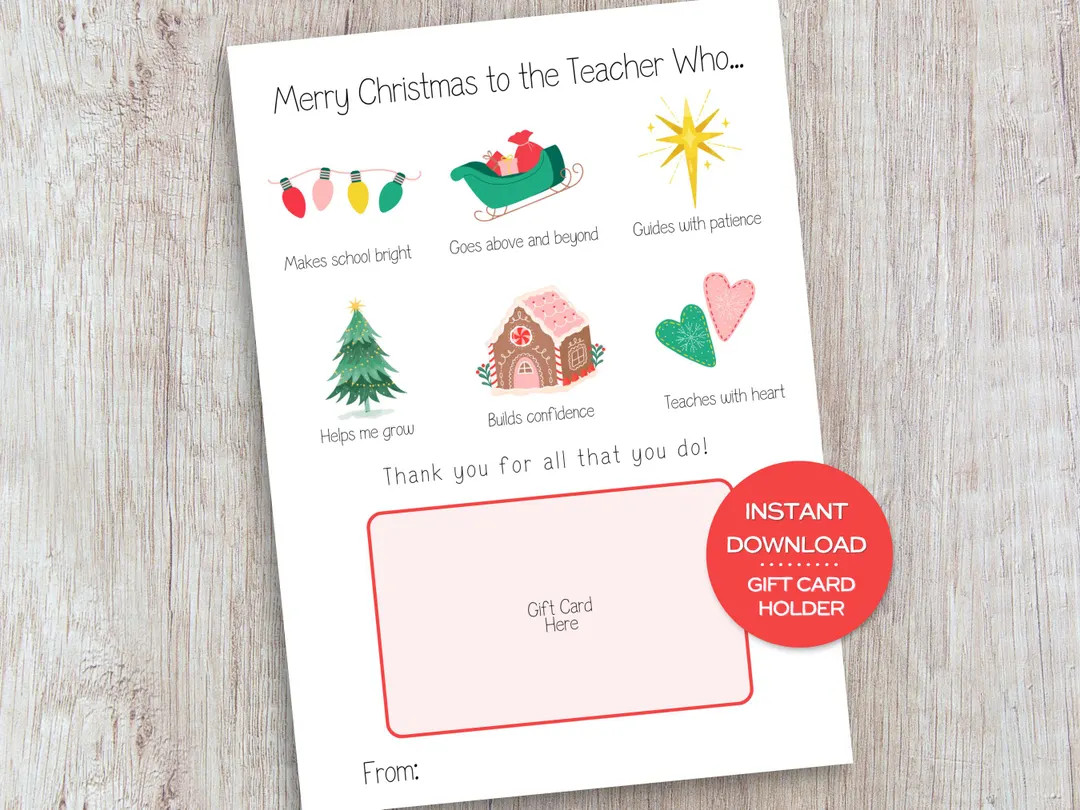 Teacher Christmas Gift Card Holder Printable Christmas Teacher Card for Preschool Teacher Christm... | Etsy (US)
