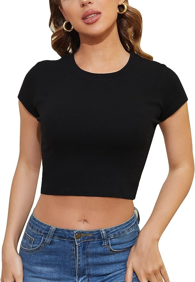 JUST BEHAVIOR Women's Basic Short Sleeve Casual Cropped tee Round Neck Crop Top Summer T-Shirt | Amazon (US)