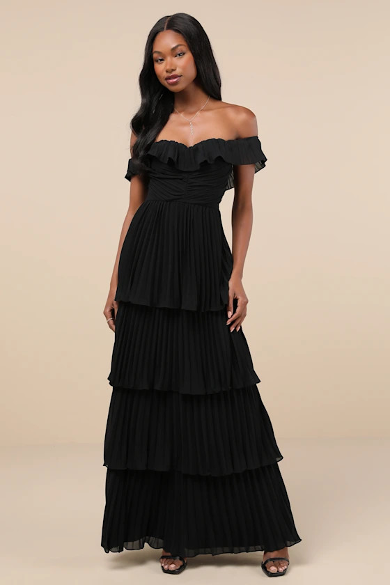 Always Remarkable Black Pleated Off-the-Shoulder Maxi Dress | Lulus