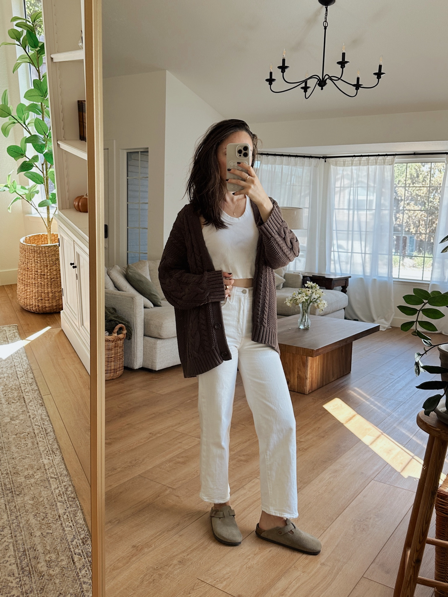 Casual fall outfit inspo 🍂🍁

Levi’s White denim | Quince brown cardigan | Boston Birkenstocks 

#LTKFindsUnder100 #LTKSeasonal
