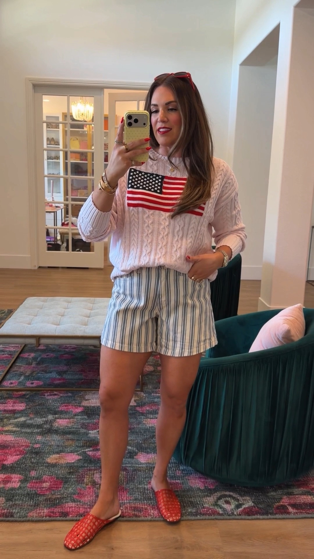 curvy midsize american flag outfit for memorial day! wearing size medium in blush flag sweater (runs big!) and size 30 in blue striped shorts

#LTKSeasonal #LTKMidsize