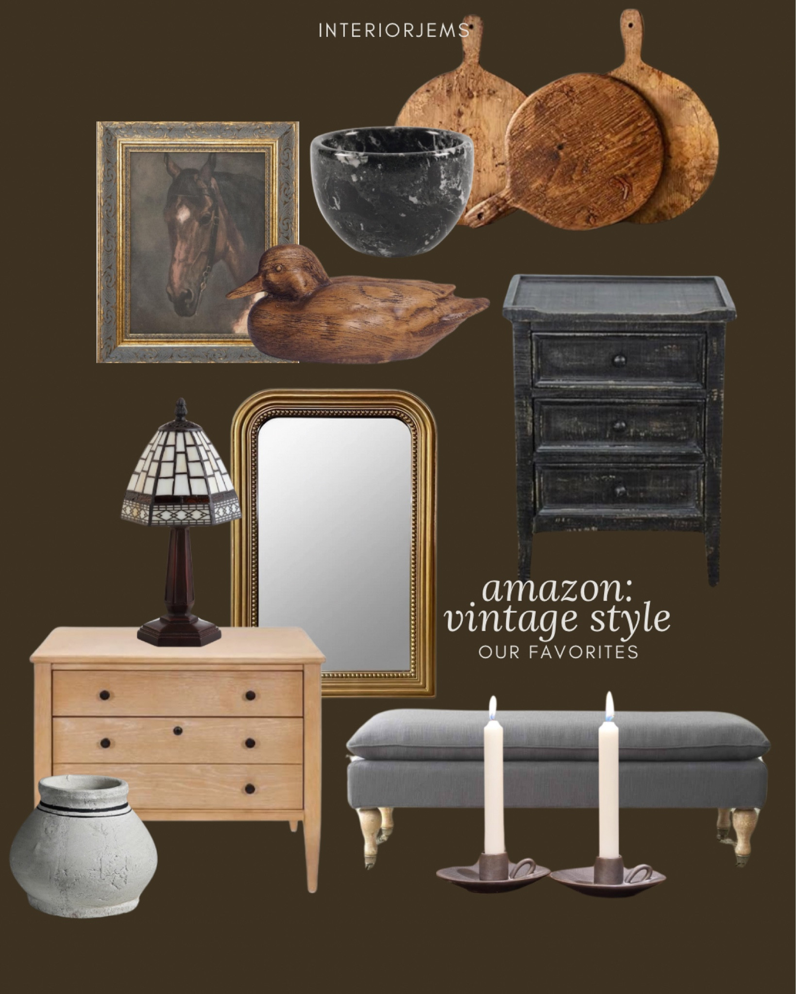 Amazon vintage style furniture and decor, brass arched mirror, framed, and ready, art, equestrian, art, set of cutting boards, bench on casters, large, nightstand, small nightstand, Tiffany style, tiny lamp, set of candlestick holders, vase

#LTKHome #LTKSaleAlert #LTKStyleTip