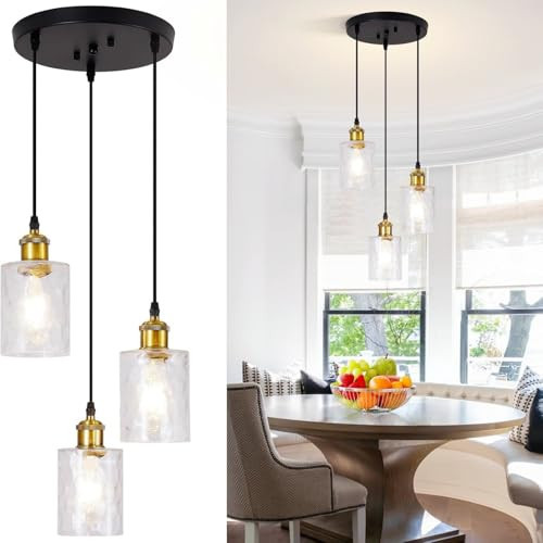 Modern Pendant Lights Kitchen Island, 3-Light Black and Gold Pendant Light Fixtures with Clear Hammered Glass Shade, Industrial Hanging Pendant Lights Fixture for Kitchen Island Dining Room Entryway | Amazon (US)