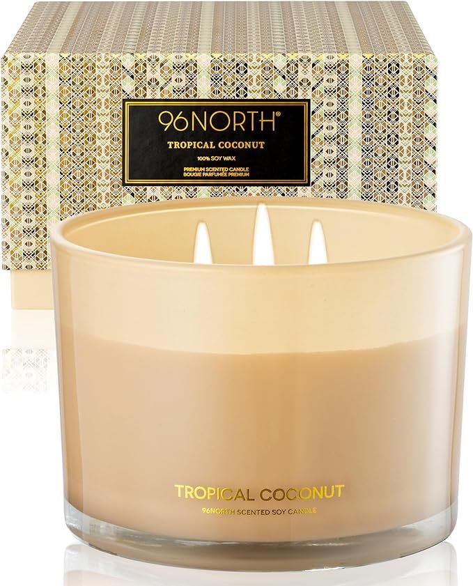 96NORTH Luxury Coconut Soy Candle | Large 3 Wick Jar Candle | Up to 40 Hours Burning Time | Tropi... | Amazon (US)