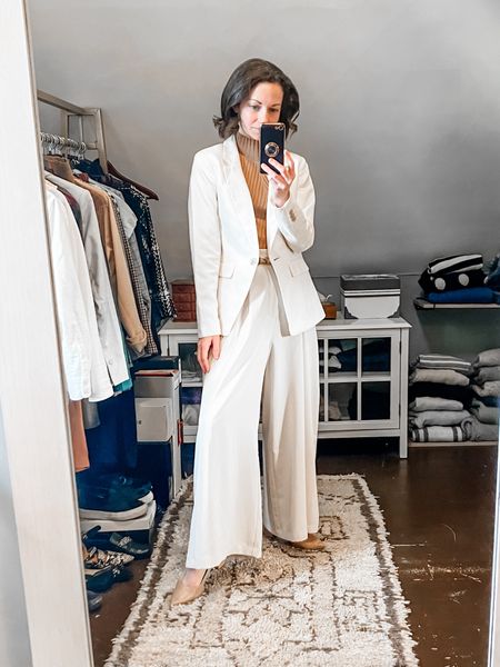 Tuesday’s office outfit!
Wearing size 00P Loft blazer, order your usual size. 
Linked similar tops. 
Size XS Amazon wide leg pants, order your usual size. 
Linked similar heels. 
Petite outfit. Work outfit. Neutral outfit. Spring outfit. Classic outfit  

#LTKover40 #LTKstyletip #LTKworkwear