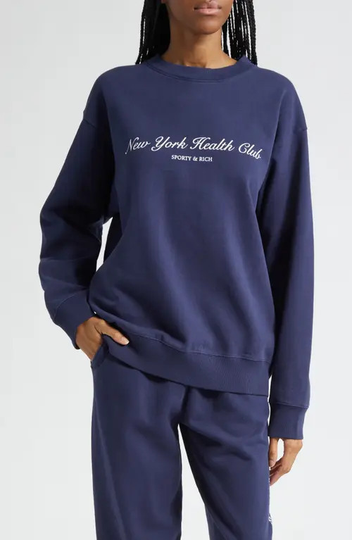 Sporty & Rich New York Health Club Graphic Sweatshirt in Dark Navy at Nordstrom, Size Small | Nordstrom
