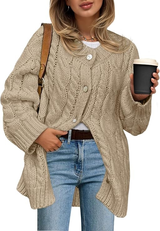 Saodimallsu Womens Cable Knit Cardigan Sweaters Chunky Button Up Long Sleeve Crew Neck Warm Loose... | Amazon (US)