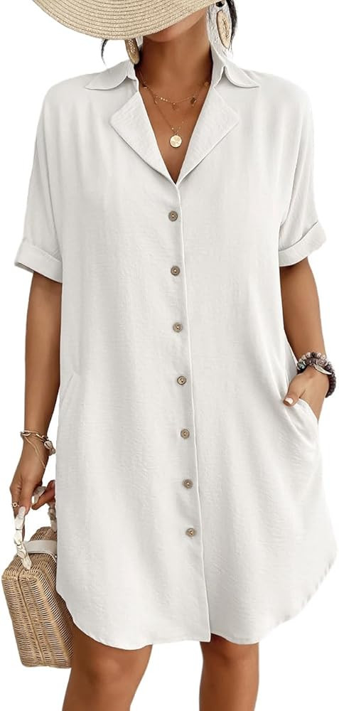 Bsubseach Swimsuit Coverup for Women Button Down Beach Swim Cover Up Shirt Dress Short Sleeve Sum... | Amazon (US)