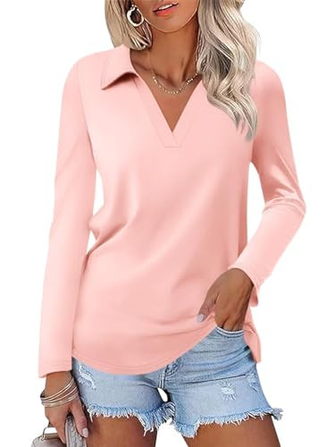 ORANDESIGNE Women's Long Sleeve Polo Shirts Casual Color Block V Neck Tops Fall Collar Ladies Tunics Tees A-pink | Amazon (US)