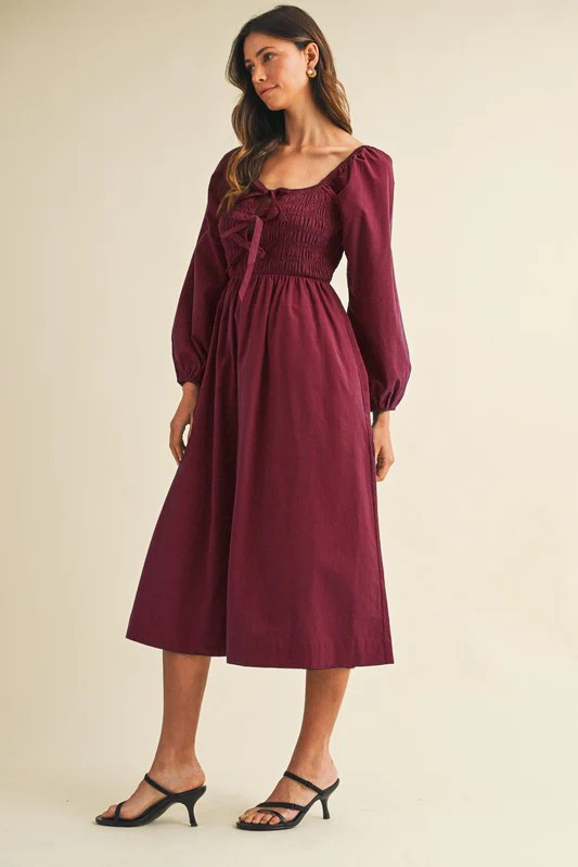 Burgundy Bow Detail Smocked Midi Dress | PinkBlush Maternity