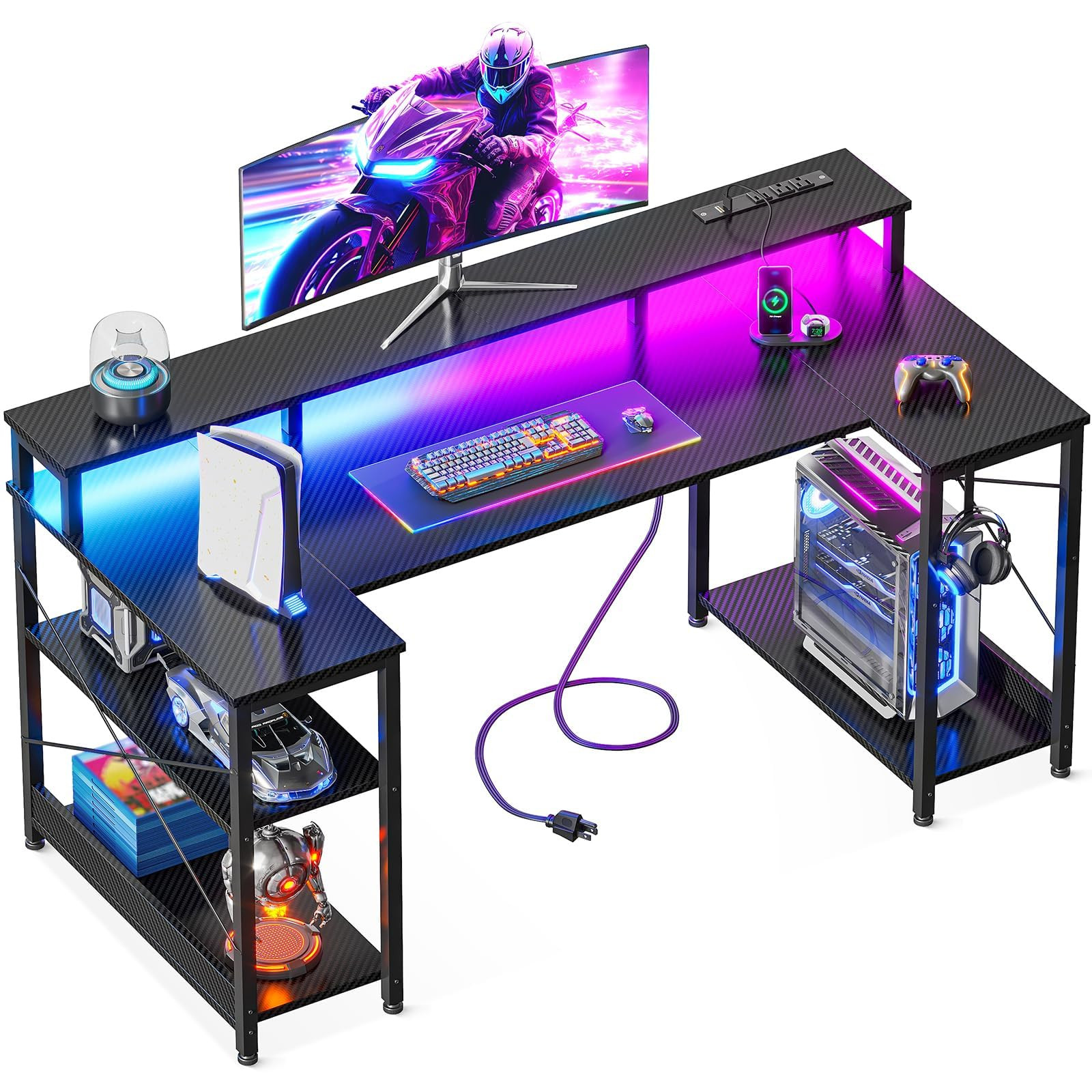 ODK 48 Inch Gaming Desk with LED Lights and Power Outlet, U-Shaped Computer Desk with Monitor Sta... | Amazon (US)