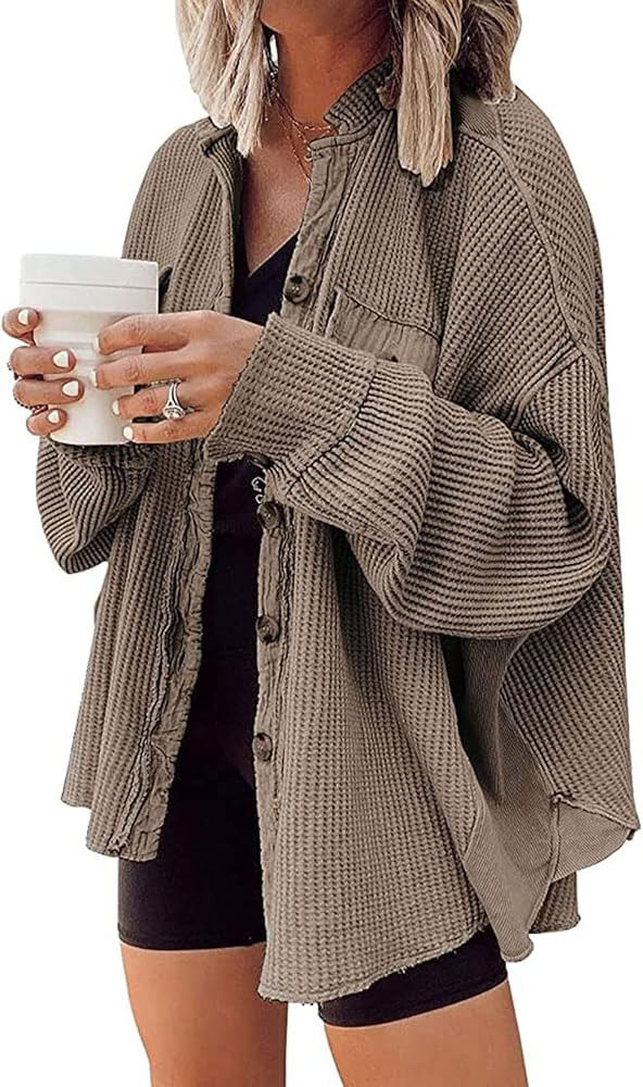 loveimgs Oversized Waffle Knit Shirt Women Fall Shacket Corduroy Long Sleeve Shirts Button Down S... | Amazon (US)