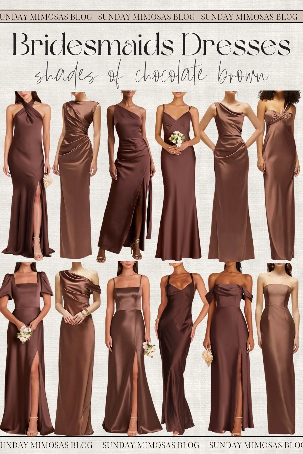 Chocolate brown bridesmaid dresses! ✨

If you’re looking for bridesmaids dresses in shades of brown, here are our favorite options! Bridesmaids dresses from Dessy, Birdy Grey, Lulus and Show Me Your Mumu! Most of these would work as formal fall wedding guest dresses too!

One shoulder bridesmaid dresses, satin bridesmaid dresses, brown bridesmaid dress, dessy bridesmaids dresses, formal wedding bridesmaids dresses, bridesmaid dress brown, espresso bridesmaid dresses

#LTKParties #LTKSeasonal #LTKWedding