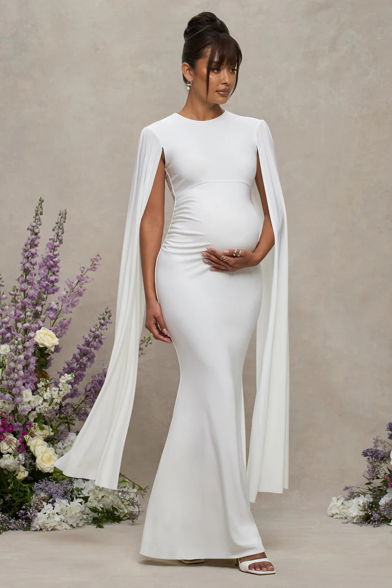 Divine Timing  White Maternity Maxi Dress With Cape Sleeves | Club L London