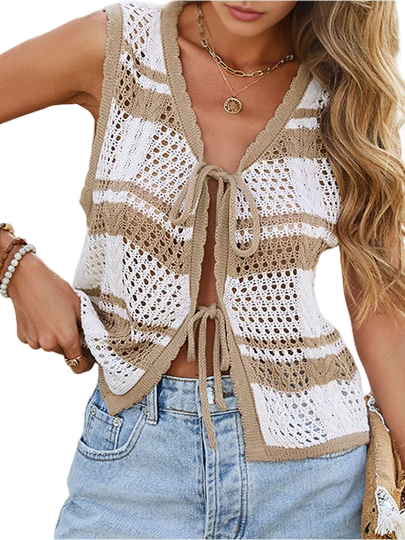 Women'S Sleeveless Striped Sweater Vest V Neck Tie Front Crochet Knit Tank Tops Khaki L | Walmart (US)