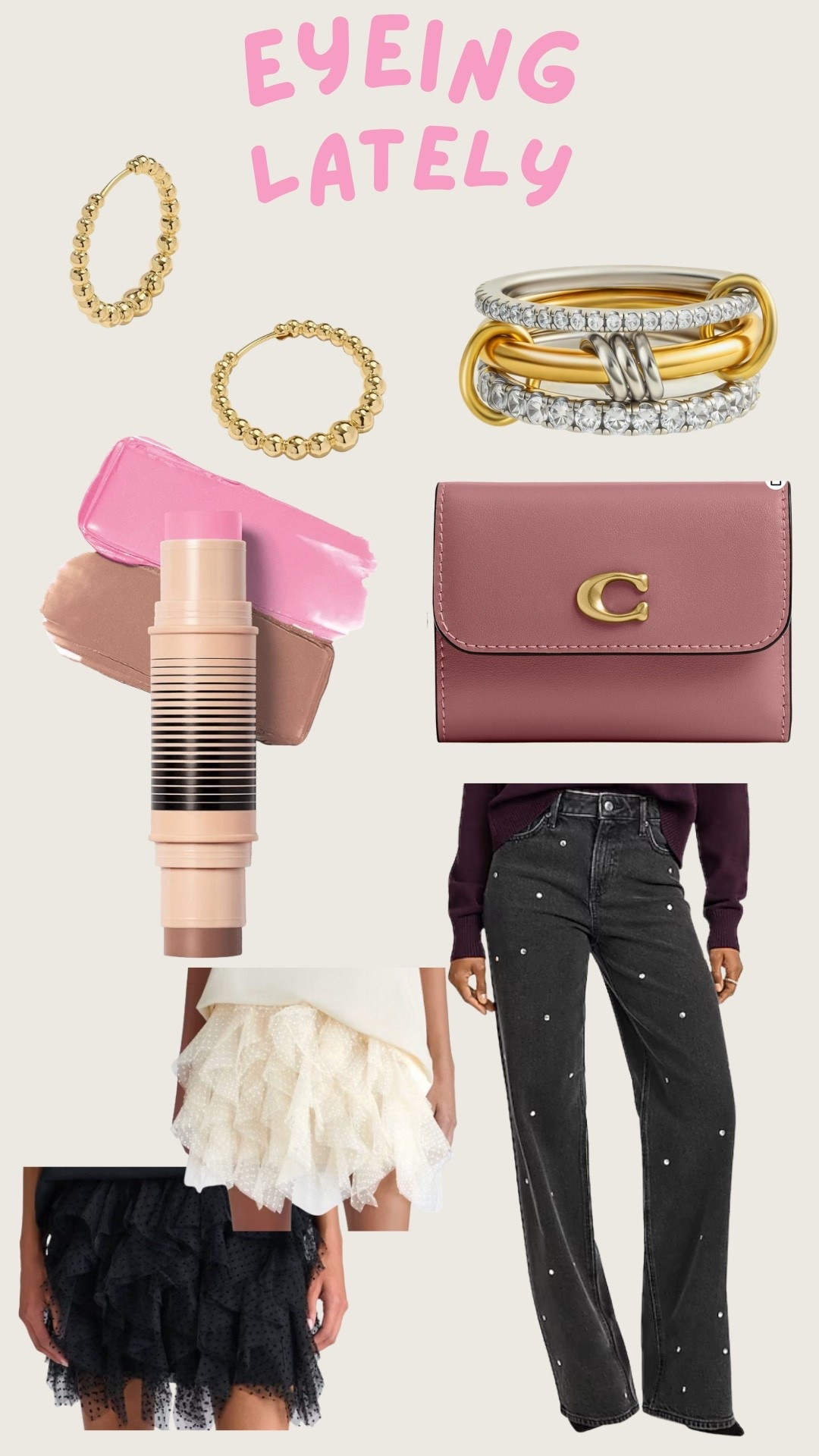 Eyeing lately. Wallet. Blush and contour. Gold earrings. Gold rings. Rhinestone jeans. Denim. Tulle skirt. Trending. Best sellers. Viral  

#LTKSeasonal #LTKFindsUnder50 #LTKFindsUnder100