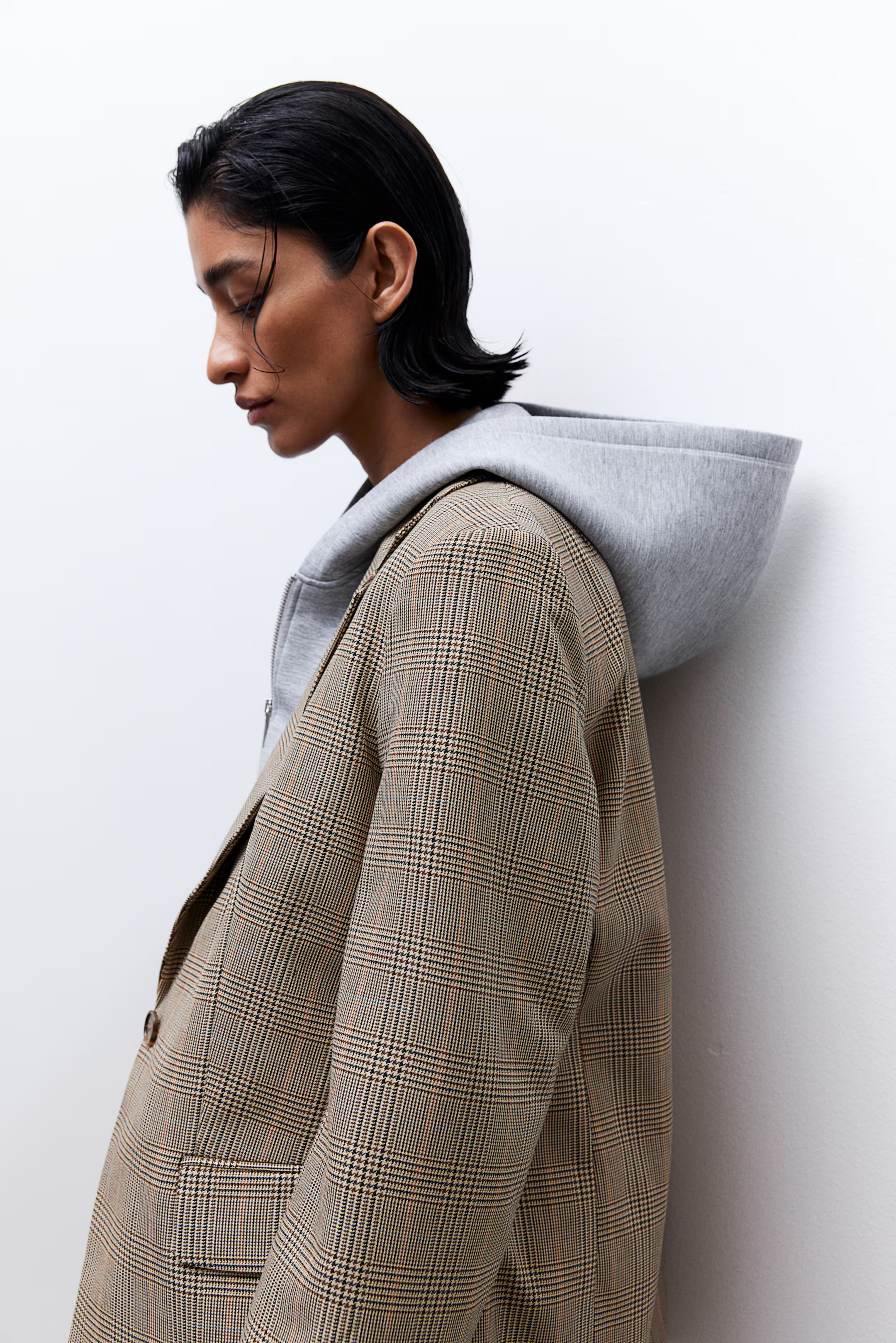 Single-Breasted Blazer - V-neck - Long sleeve - Beige/plaid - Ladies | H&M US | H&M (US + CA)