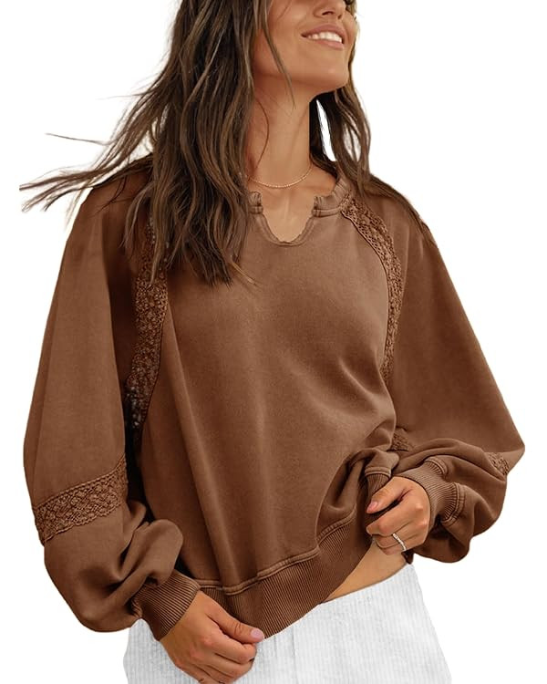 Fisoew Womens Oversized Sweatshirt Casual V Neck Lace Lantern Long Sleeve Cropped Loose Fit Fall ... | Amazon (US)